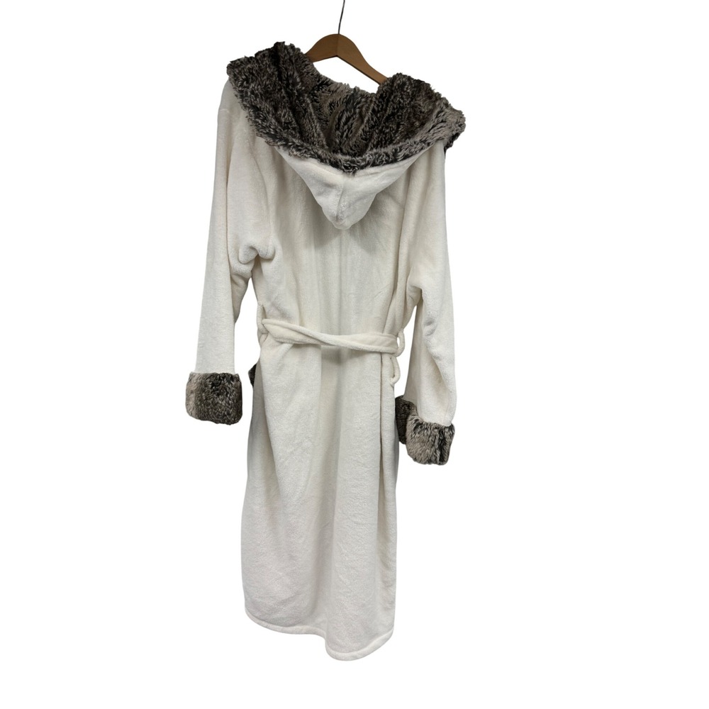 Pottery Barn Ivory Faux Fur Trim Hooded Plush Robe Extra Large XL Bathrobe - Picture 6 of 7